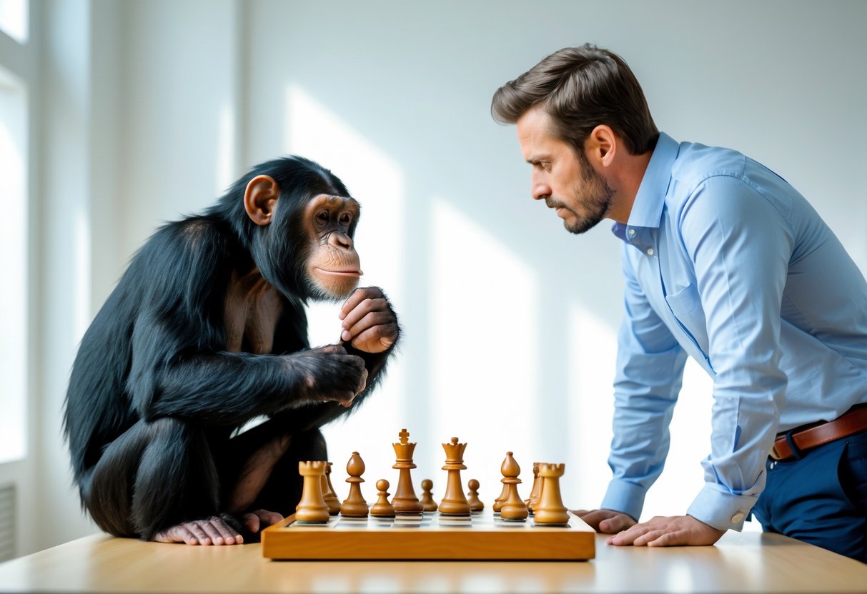 A chimpanzee and a man sit across from each other at a table playing chess, both looking focused.
