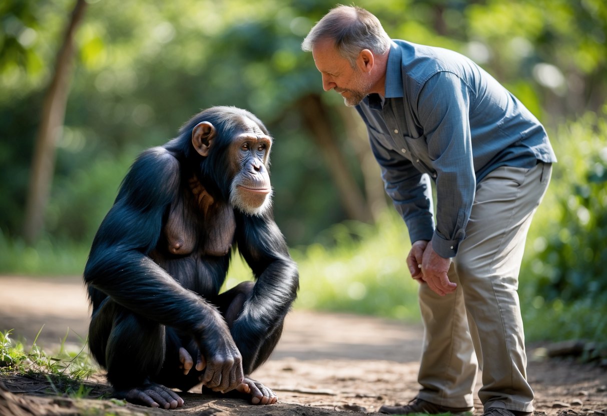 A man calmly facing a chimpanzee sitting on the ground outdoors with greenery in the background.