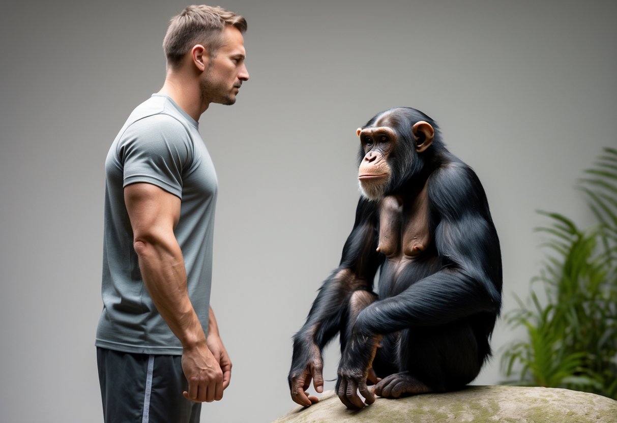 A man and a chimpanzee calmly facing each other in a neutral setting.