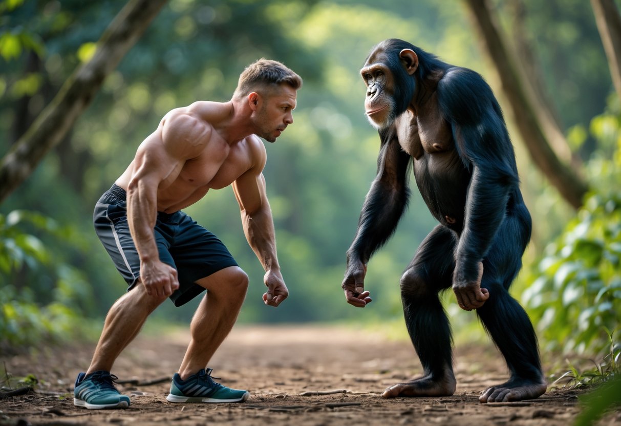 A strong adult man and a large chimpanzee face each other in a forest clearing, both appearing alert and ready.