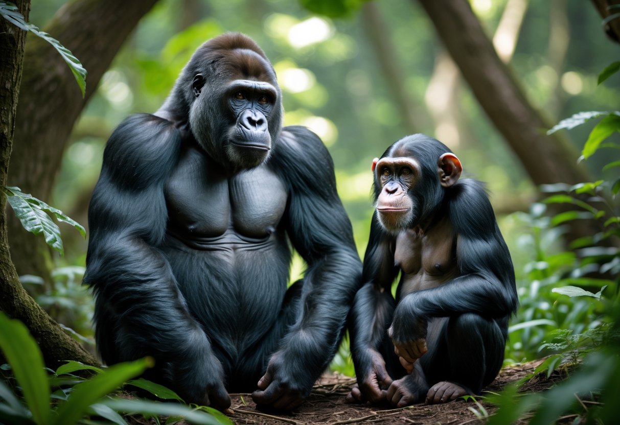 A gorilla and a chimpanzee sitting side by side on the forest floor surrounded by green trees and foliage.