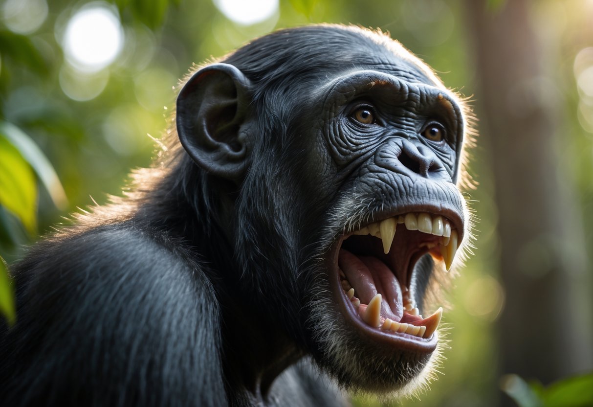 Close-up of a chimpanzee showing its teeth and open mouth in a forest setting.