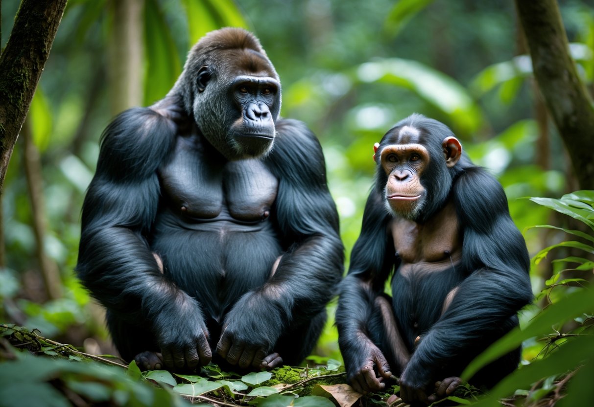 A gorilla and a chimpanzee sitting close together in a green tropical forest.