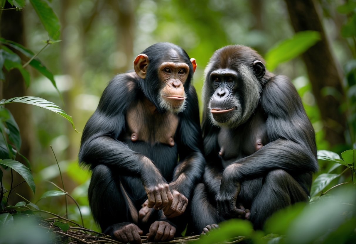 A chimpanzee and a bonobo sitting closely together in a forest, interacting peacefully.