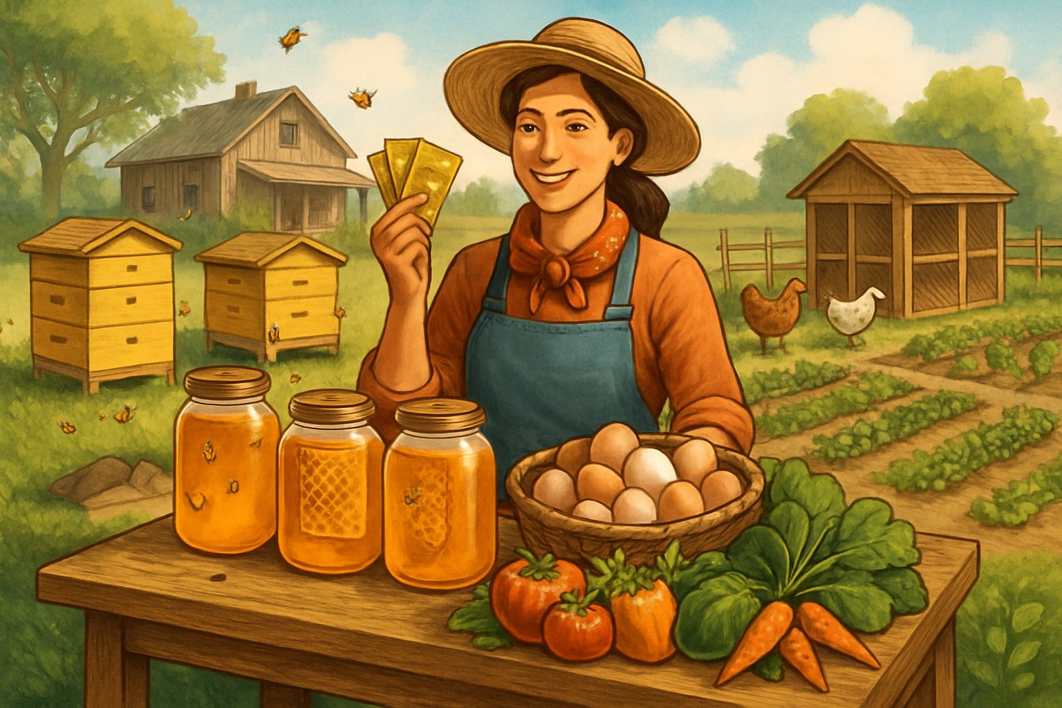 A rural scene showing jars of honey, eggs in a basket, small fresh crops on a table, beehives with bees, chickens near a coop, and a garden with plants near a farmhouse.