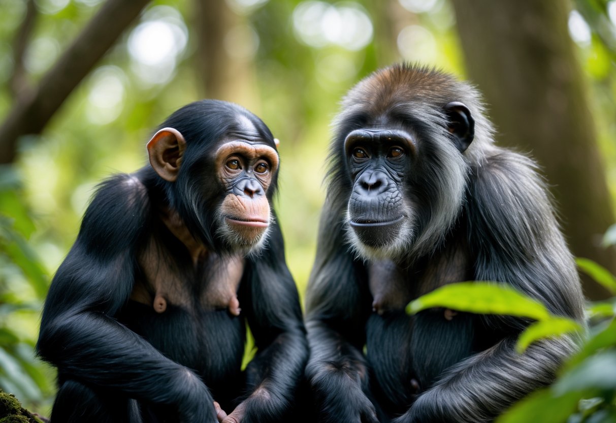A chimpanzee and a bonobo sitting next to each other in a forest, looking calmly at each other.