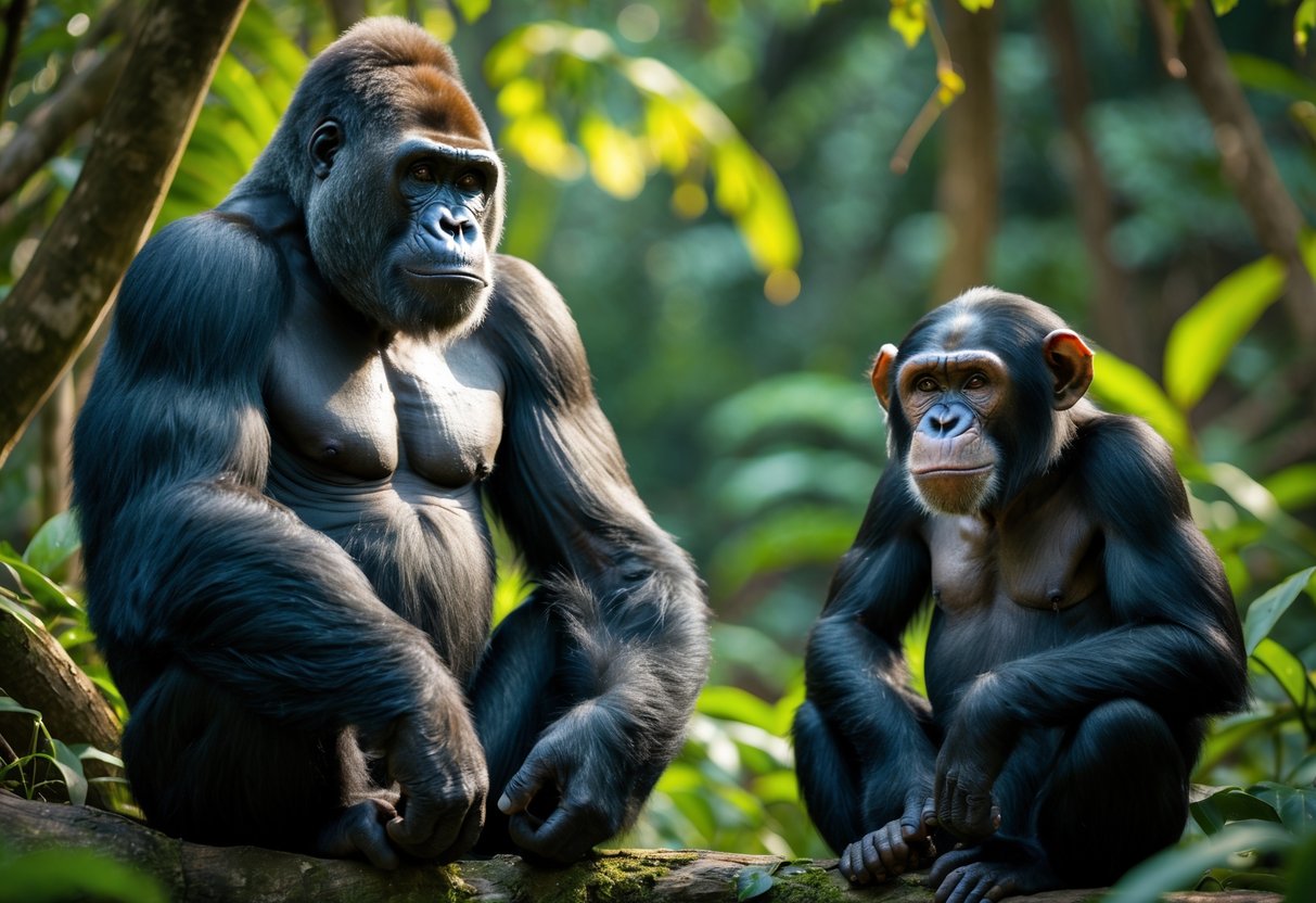 A gorilla and a chimpanzee sitting side by side in a green jungle setting.