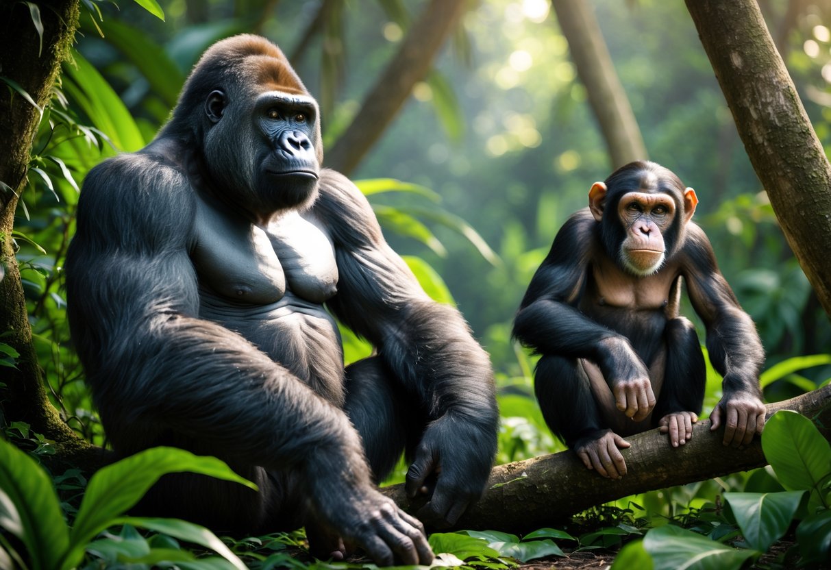 A gorilla sitting on the forest floor next to a chimpanzee perched on a tree branch in a dense tropical forest.