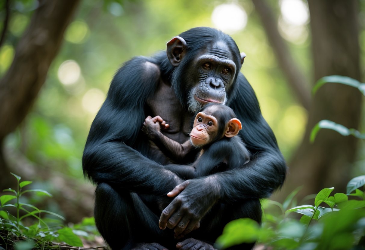 A male chimpanzee gently holding a young chimpanzee infant in a forest setting.