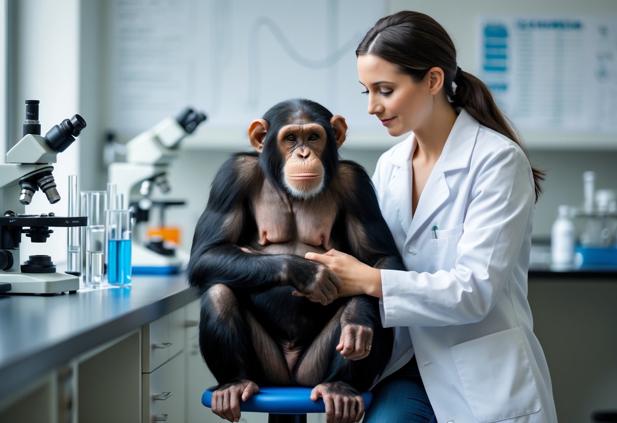 A female scientist in a lab coat gently holding a chimpanzee sitting on a stool in a laboratory.
