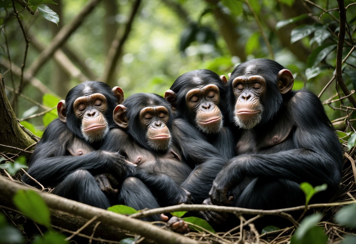 A group of chimpanzees sleeping closely together in a forest, resting on leaves and branches.