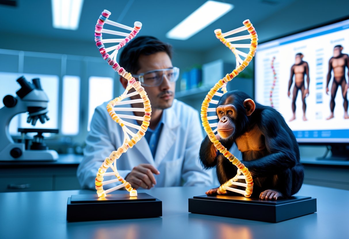 A scientist in a lab coat examines human and chimpanzee DNA models in a modern laboratory.