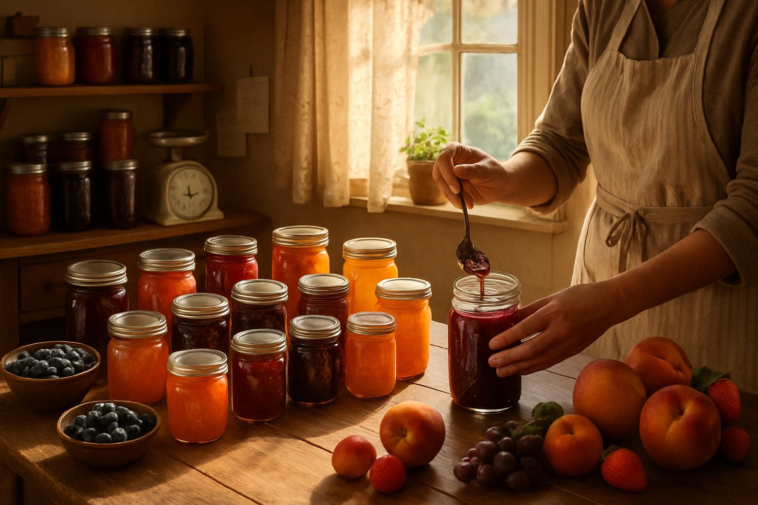 A person filling jars with homemade jam in a cozy kitchen surrounded by fresh fruit and jars of jam on a wooden table.