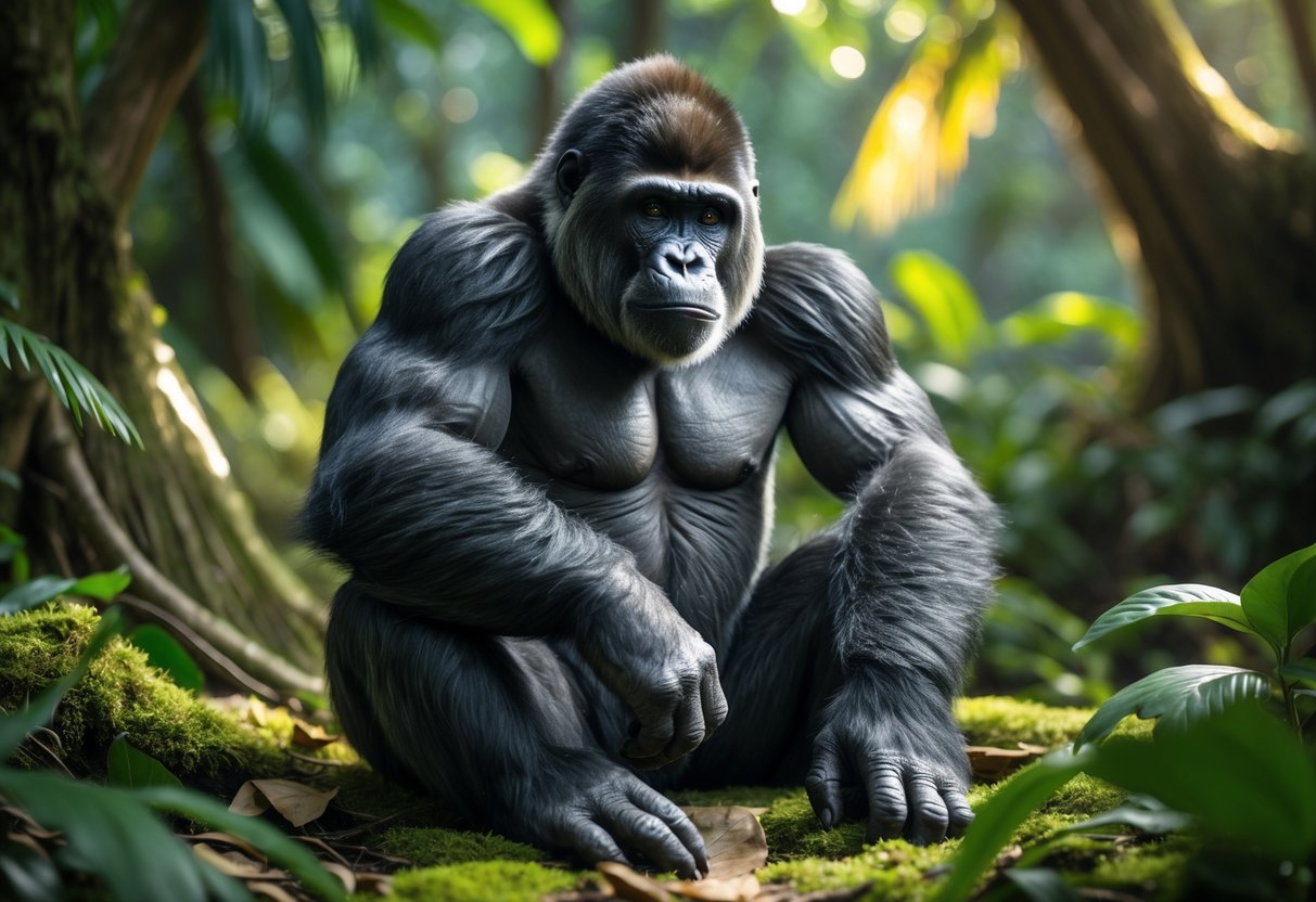 A fictional primate hybrid between a gorilla and a chimpanzee sitting on a forest floor surrounded by green foliage.