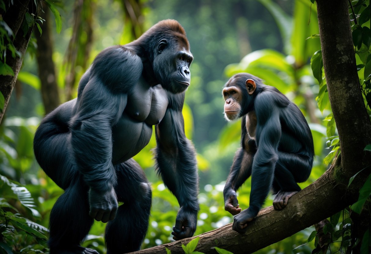 A gorilla and a chimpanzee facing each other in a dense jungle surrounded by green foliage.