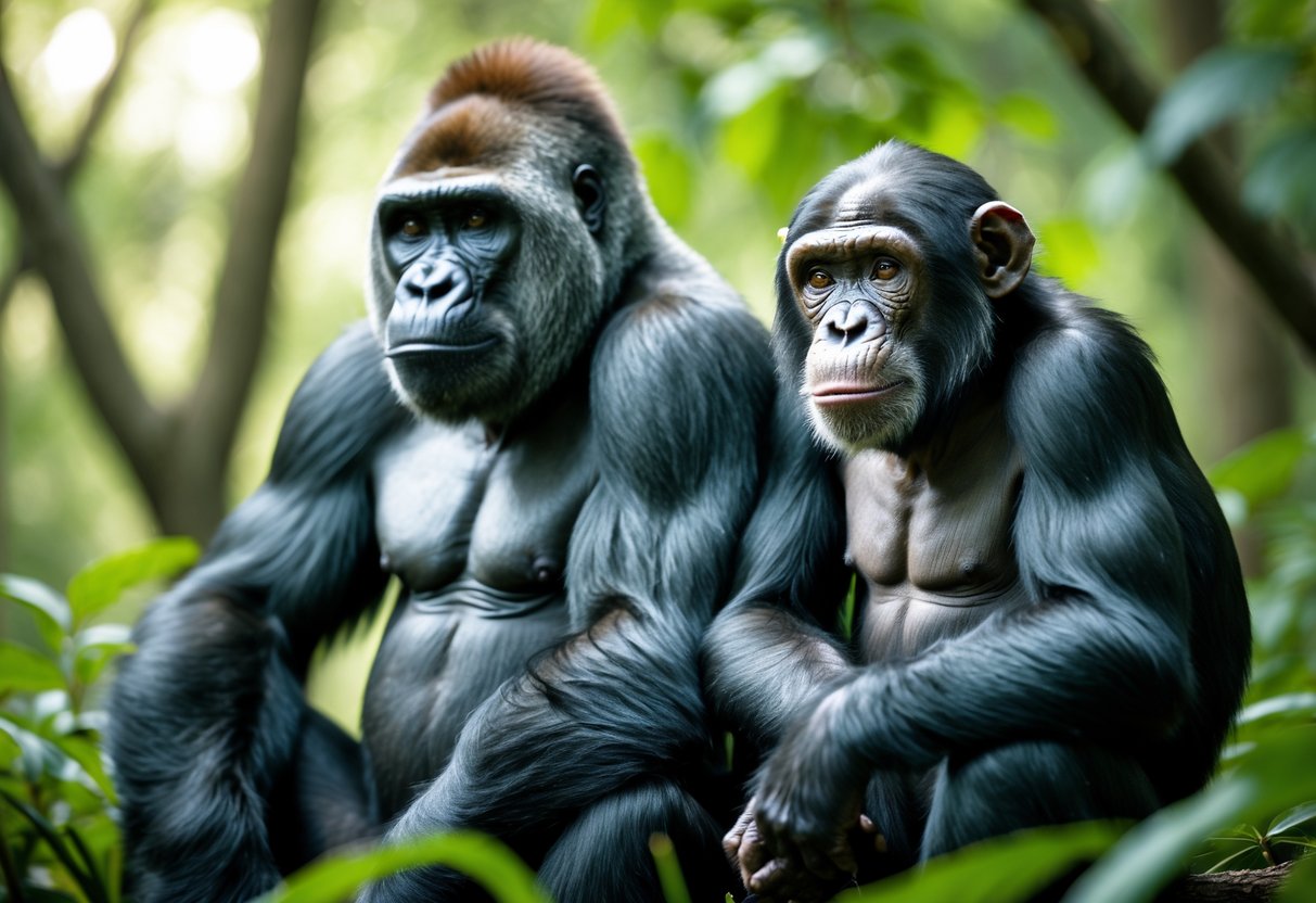 A gorilla and a chimpanzee sitting next to each other in a forest.