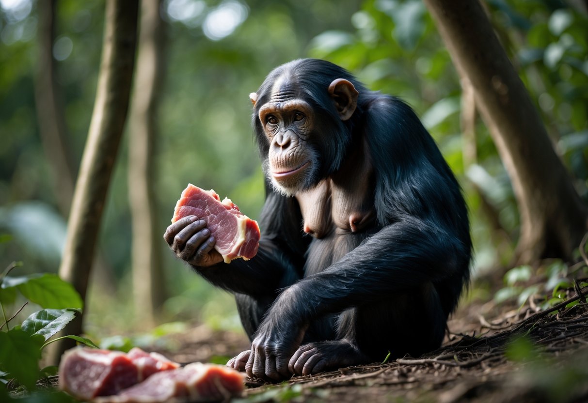 A chimpanzee sitting in a forest holding a piece of raw meat in its hand.