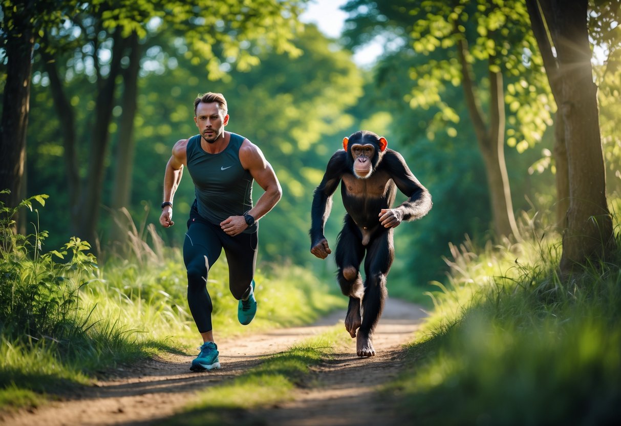 A human and a chimpanzee running side by side on a forest trail.
