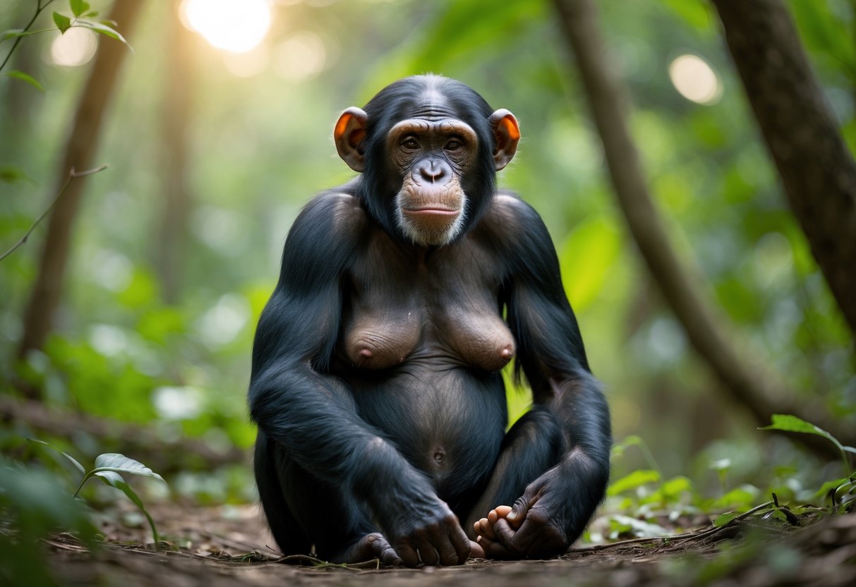 A female chimpanzee sitting peacefully in a forest surrounded by green leaves, showing signs of pregnancy.