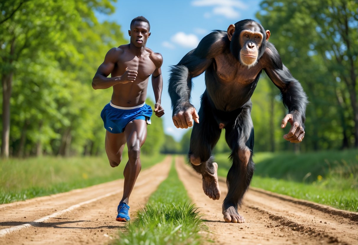 A human sprinter and a chimpanzee running side by side on a dirt track surrounded by trees.