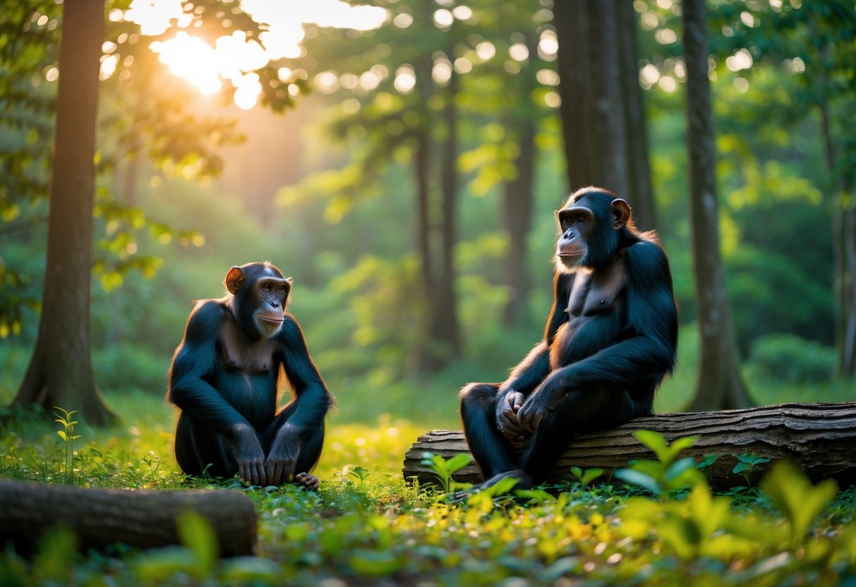 A person sitting peacefully in a forest clearing with a calm chimpanzee nearby, both appearing relaxed and harmonious.