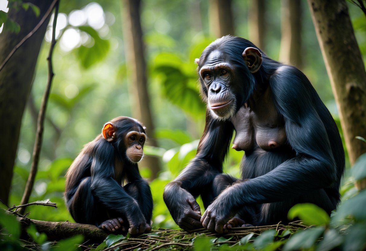 A female chimpanzee sitting on the forest floor with a small infant chimpanzee clinging to an adult nearby in a dense forest.