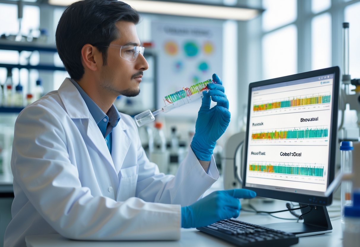 A scientist in a lab coat studying DNA models and genetic data in a laboratory.
