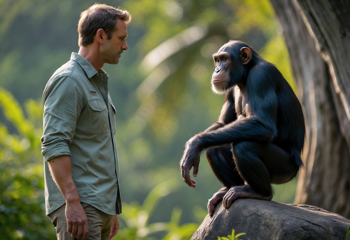 A man and a chimpanzee face each other outdoors, both appearing calm and attentive.