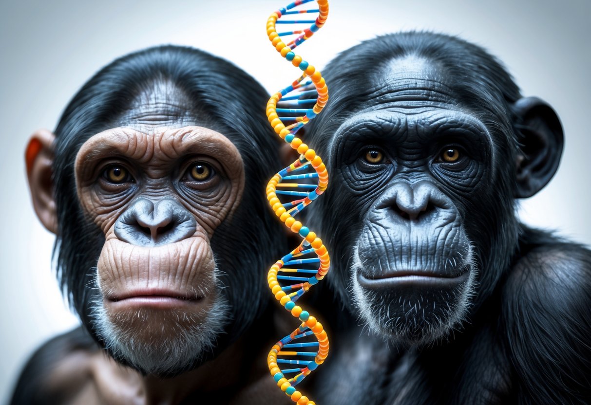 Close-up of a human face and a chimpanzee face side by side with a DNA strand between them, representing genetic differences.