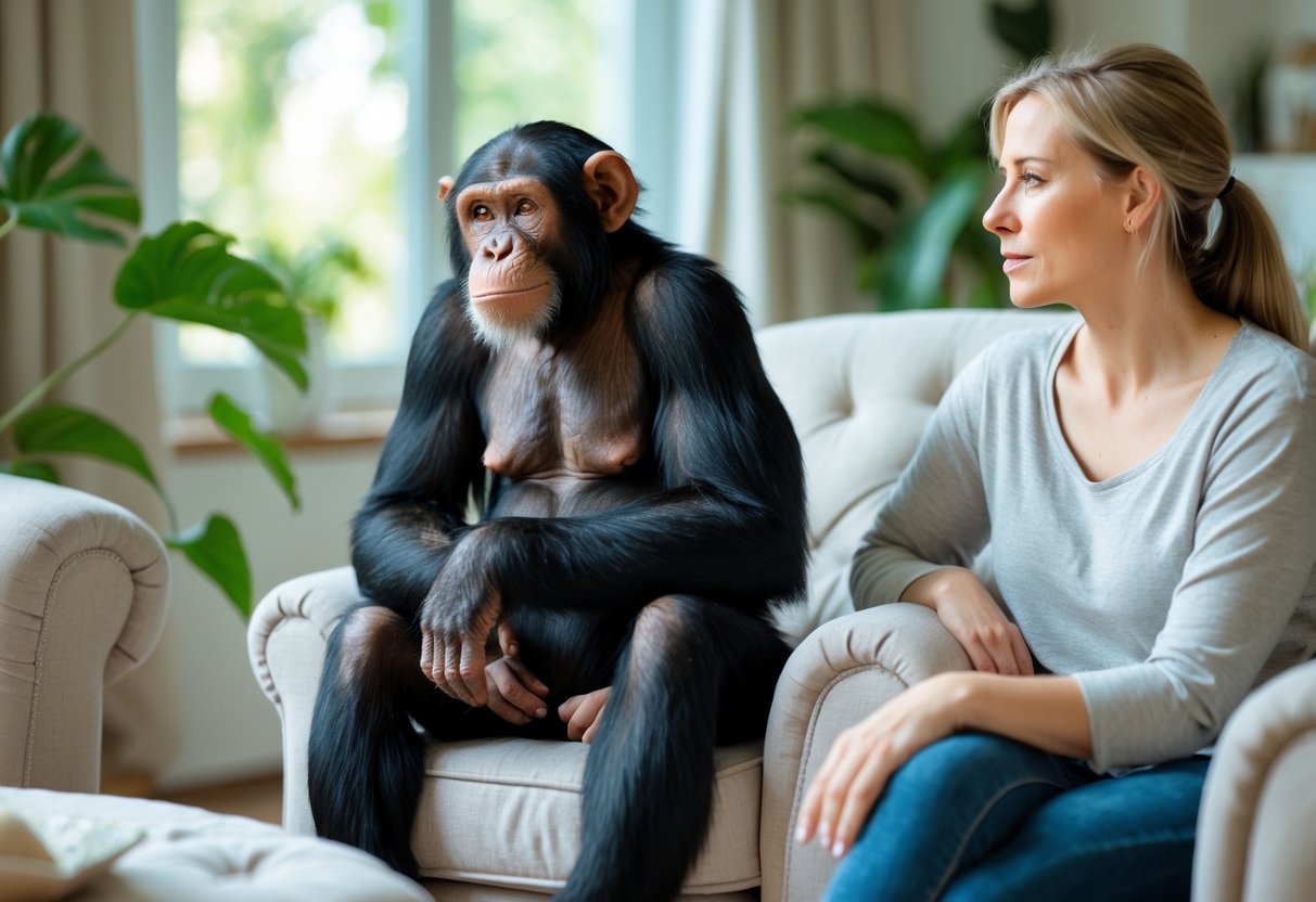 A chimpanzee sitting calmly on an armchair in a living room with a cautious adult human nearby.