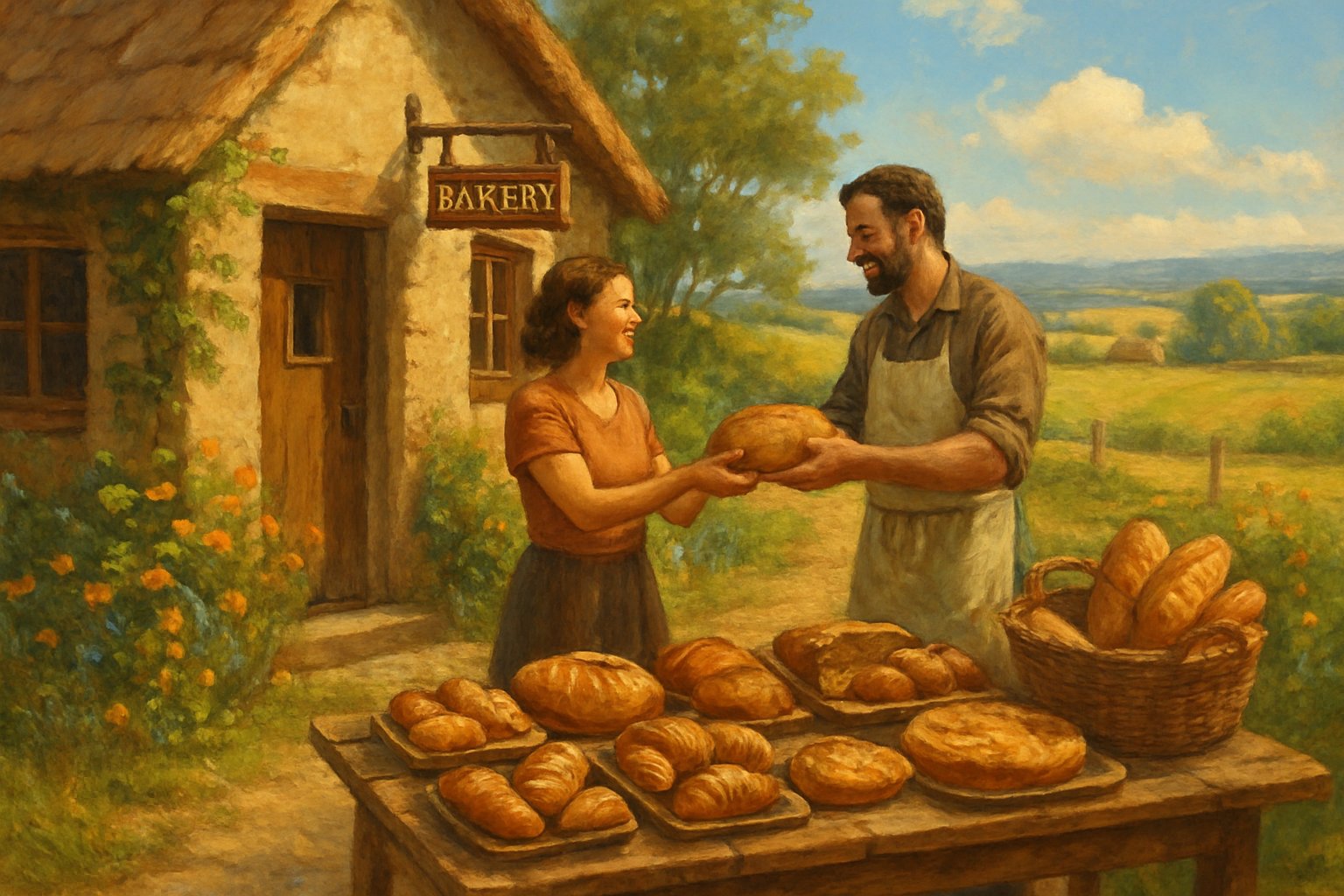 A small cottage bakery in a rural area with a baker handing bread to a customer outside, surrounded by greenery and farmland.
