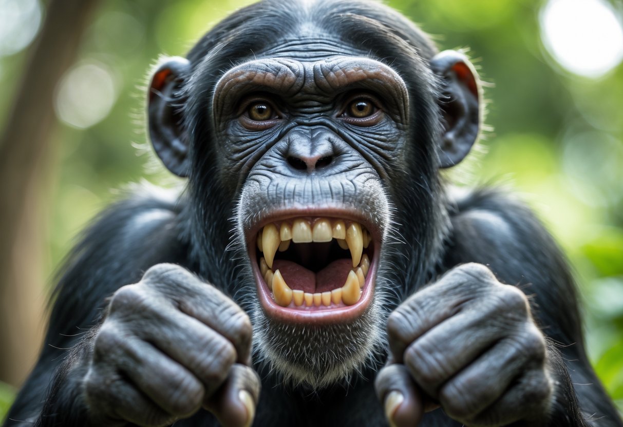 Close-up of a chimpanzee showing its teeth with an intense expression in a natural outdoor setting.
