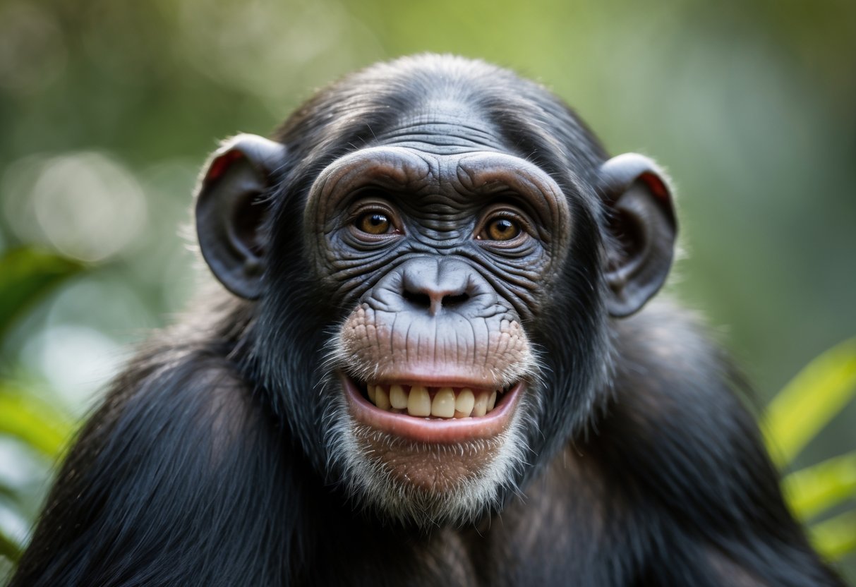 A chimpanzee smiling gently while looking at the camera with a blurred green background.