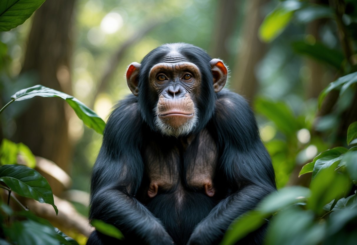 An adult chimpanzee sitting thoughtfully in a forest, looking upwards with a focused expression.
