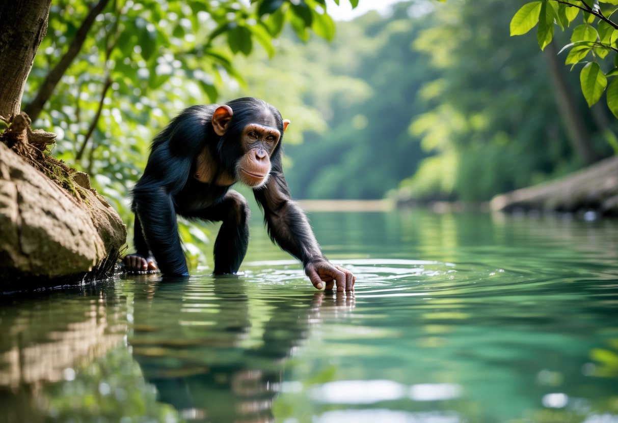 A chimpanzee hesitantly reaching towards the edge of a shallow water pool in a forest.