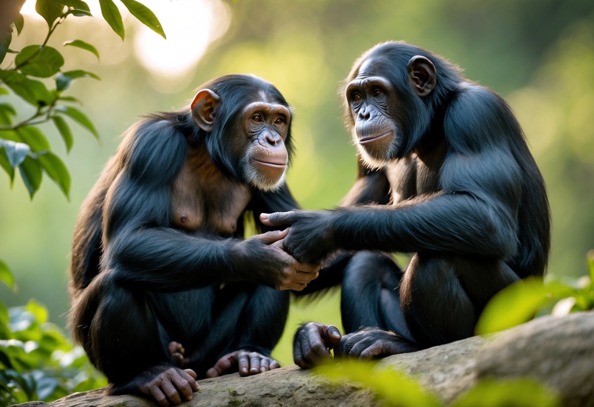 A person and a chimpanzee gently touching hands while looking at each other outdoors surrounded by greenery.