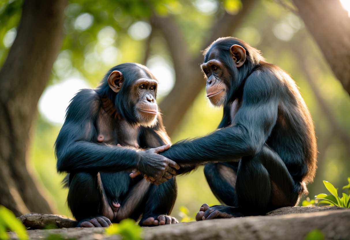 A chimpanzee and a human sitting closely outdoors, holding hands and sharing a gentle moment of connection.
