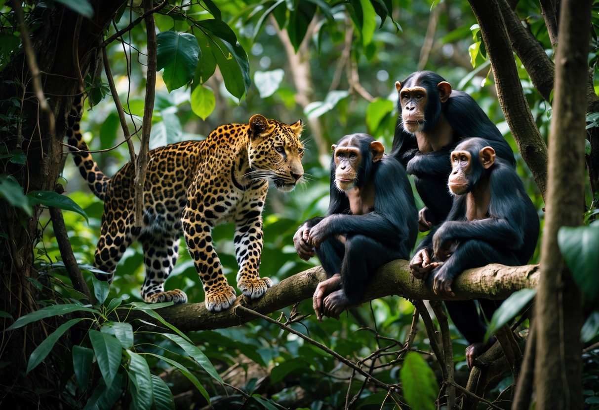 A leopard stealthily approaches a group of chimpanzees in a dense jungle, with the chimpanzees looking alert on tree branches.