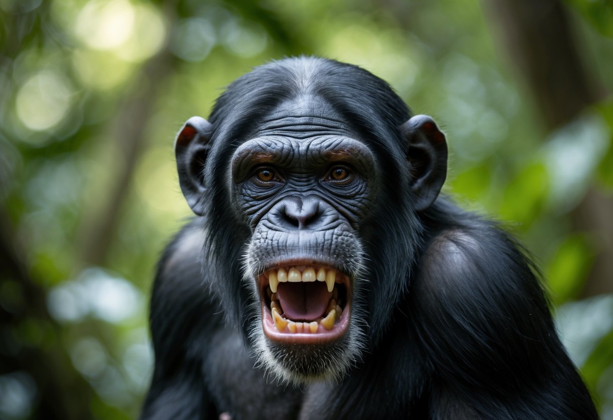 Close-up of an aggressive chimpanzee showing its teeth in a forest setting.