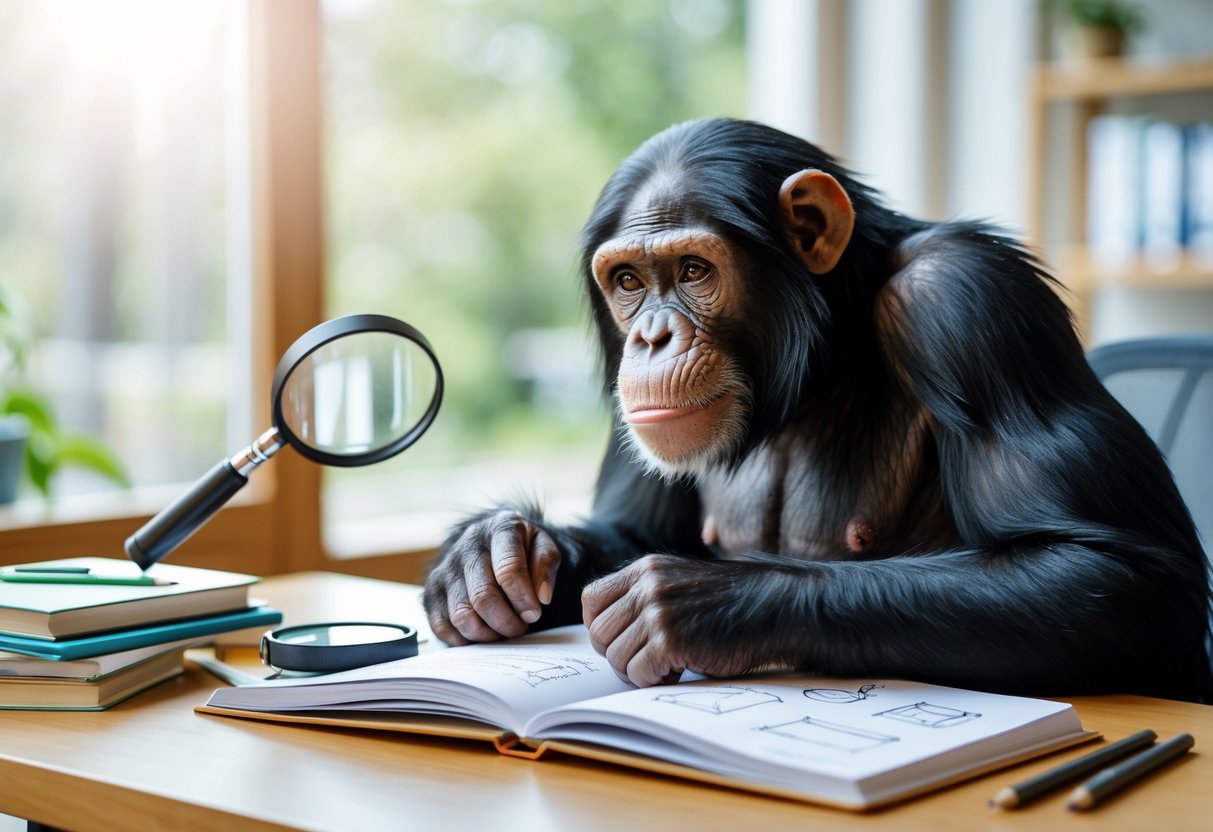 A chimpanzee sitting at a desk looking thoughtfully at an open notebook with notes and diagrams, surrounded by books and scientific tools.