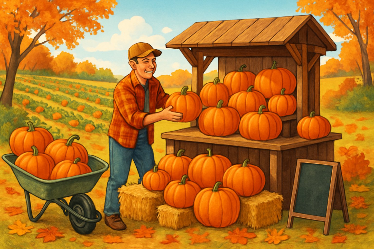 A person arranging pumpkins on a wooden stand in a pumpkin patch with hay bales, pumpkin plants, and autumn leaves around.