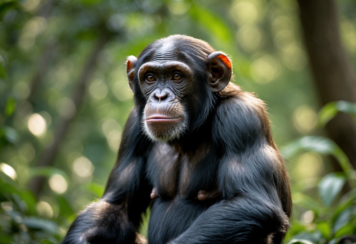 A chimpanzee sitting in a forest looking thoughtfully at the camera.