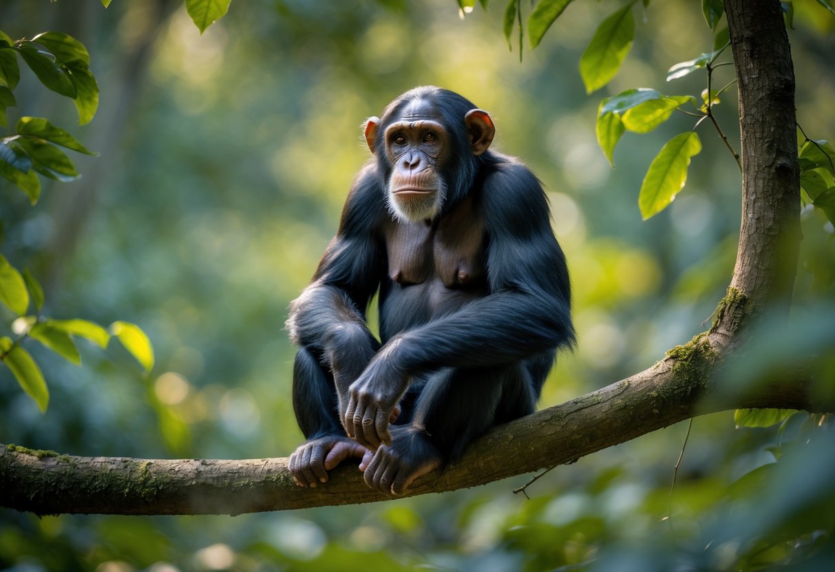 A chimpanzee sitting calmly on a tree branch in a forest, looking thoughtfully into the distance.