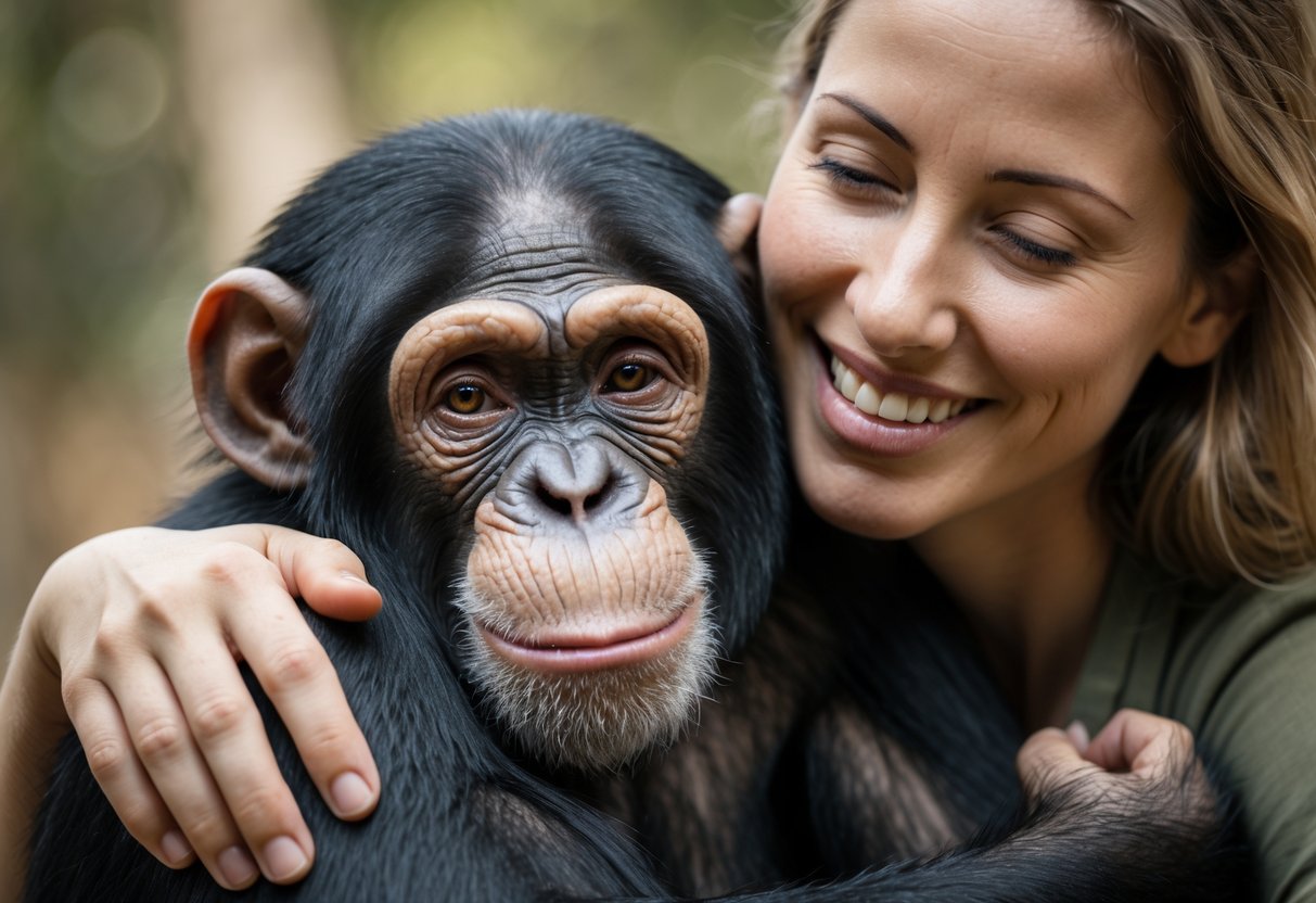 A chimpanzee being gently hugged by a smiling person in a natural outdoor setting.