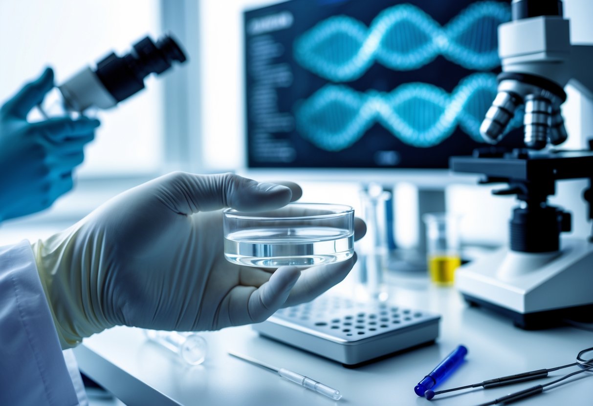 A scientist in gloves holding a petri dish in a laboratory with scientific equipment and a computer displaying genetic data in the background.