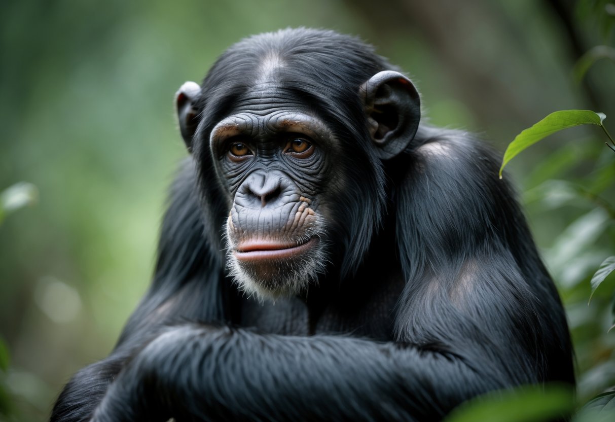 A close-up of a chimpanzee with tears near its eyes sitting quietly in a forest.