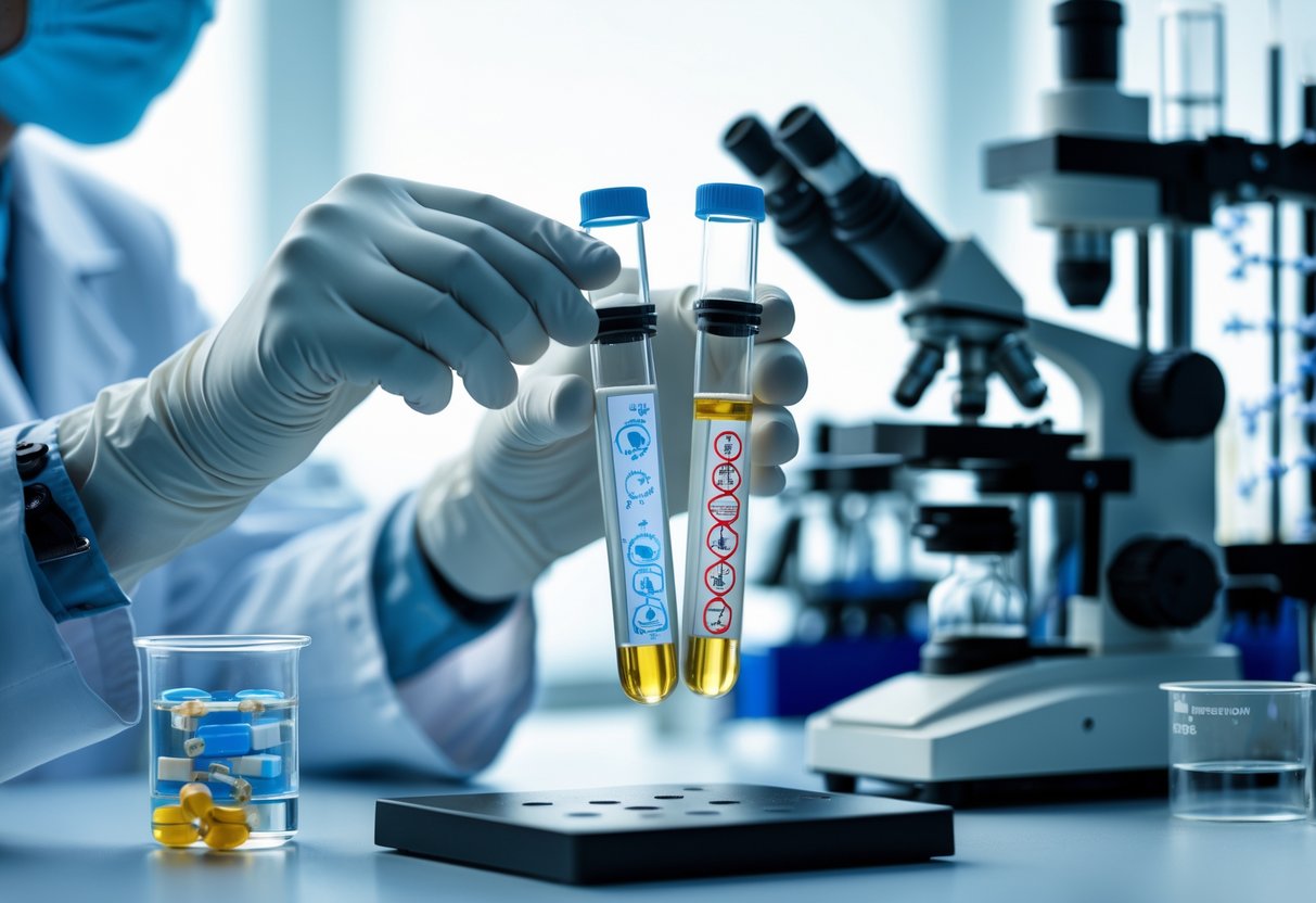 A scientist in a lab holding two test tubes labeled with human and chimpanzee symbols, surrounded by lab equipment.