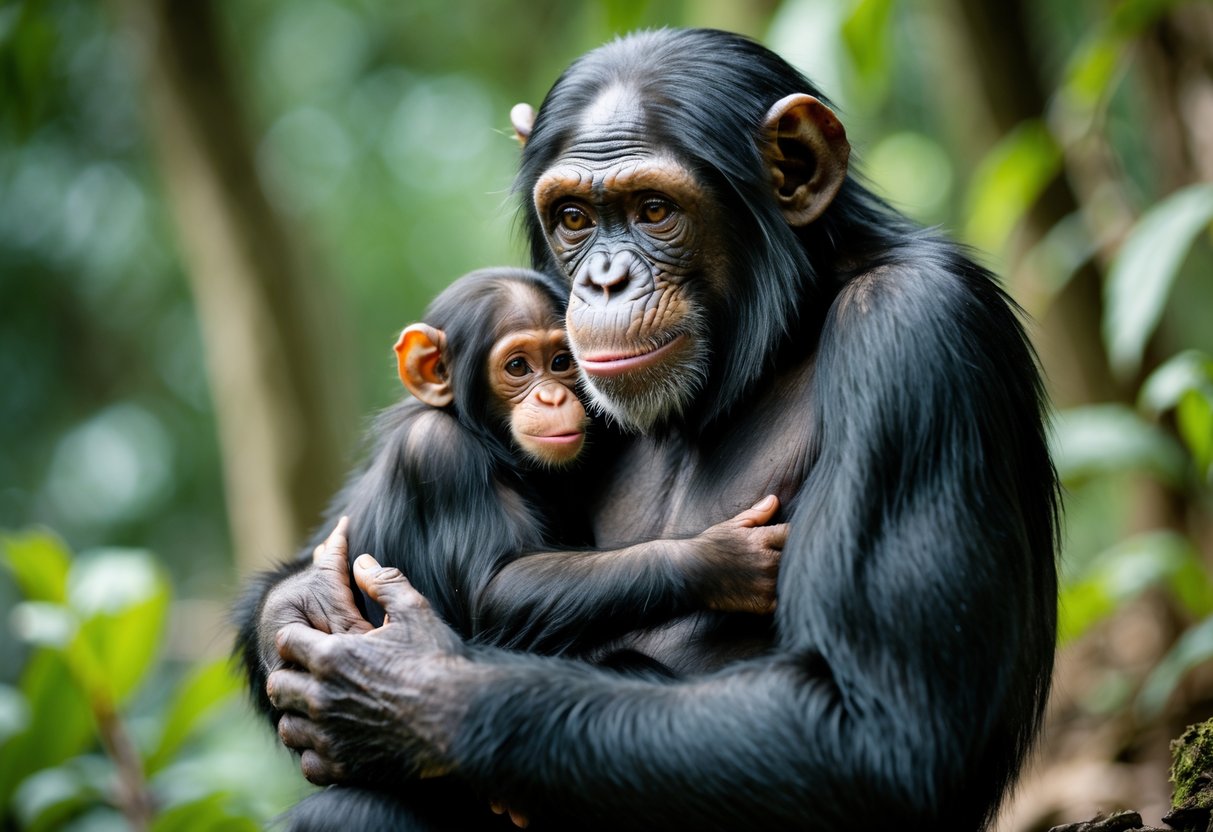 A chimpanzee mother tenderly holding her baby in a forest setting.