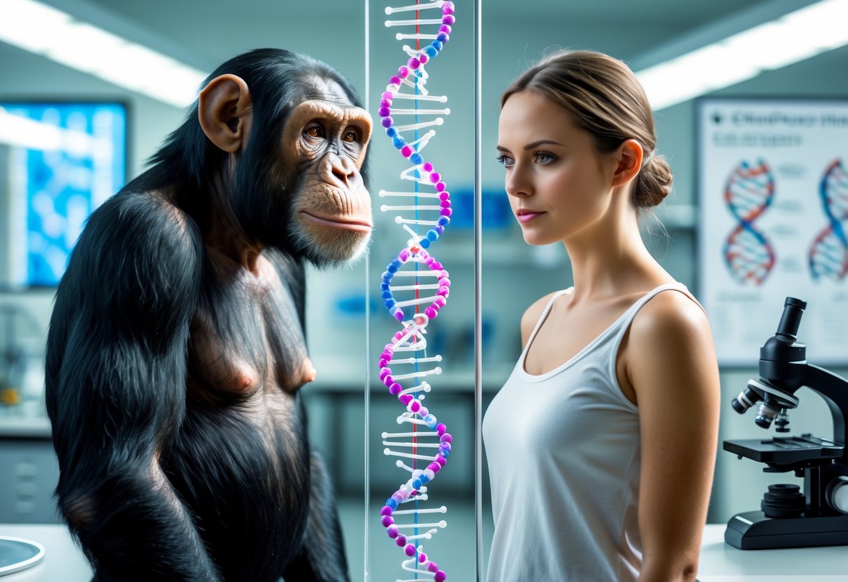 A chimpanzee and two humans standing side by side separated by a clear barrier in a laboratory with DNA models and scientific equipment in the background.