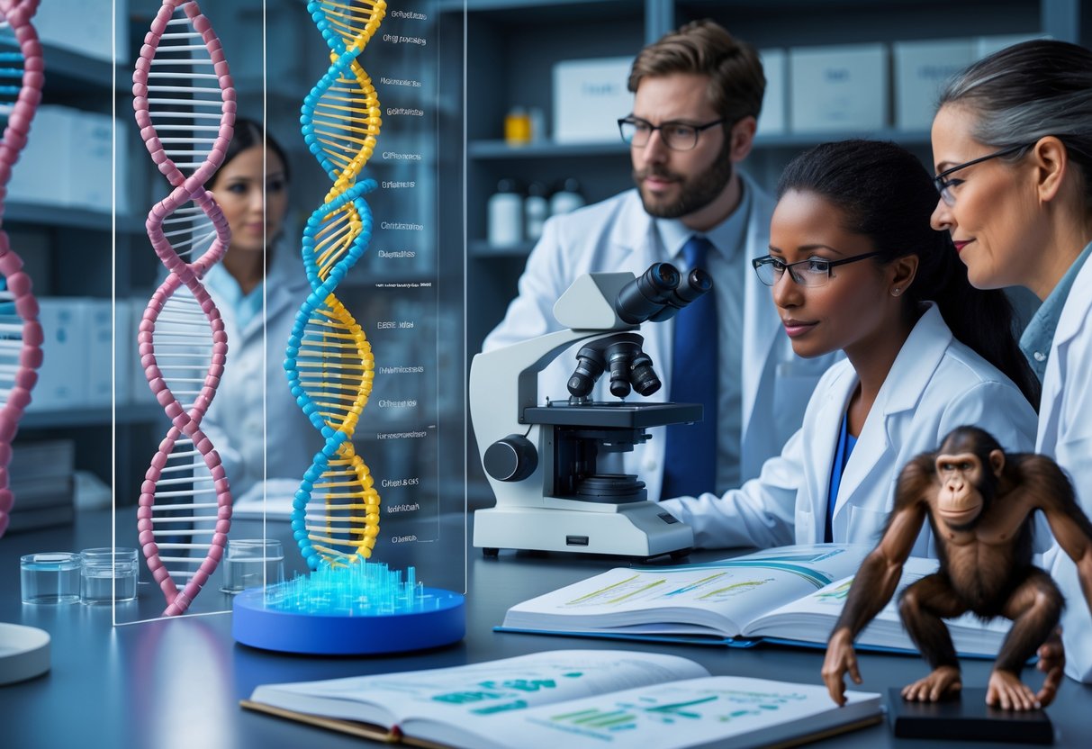 Scientists in a laboratory examining DNA models and genetic data related to humans and chimpanzees.